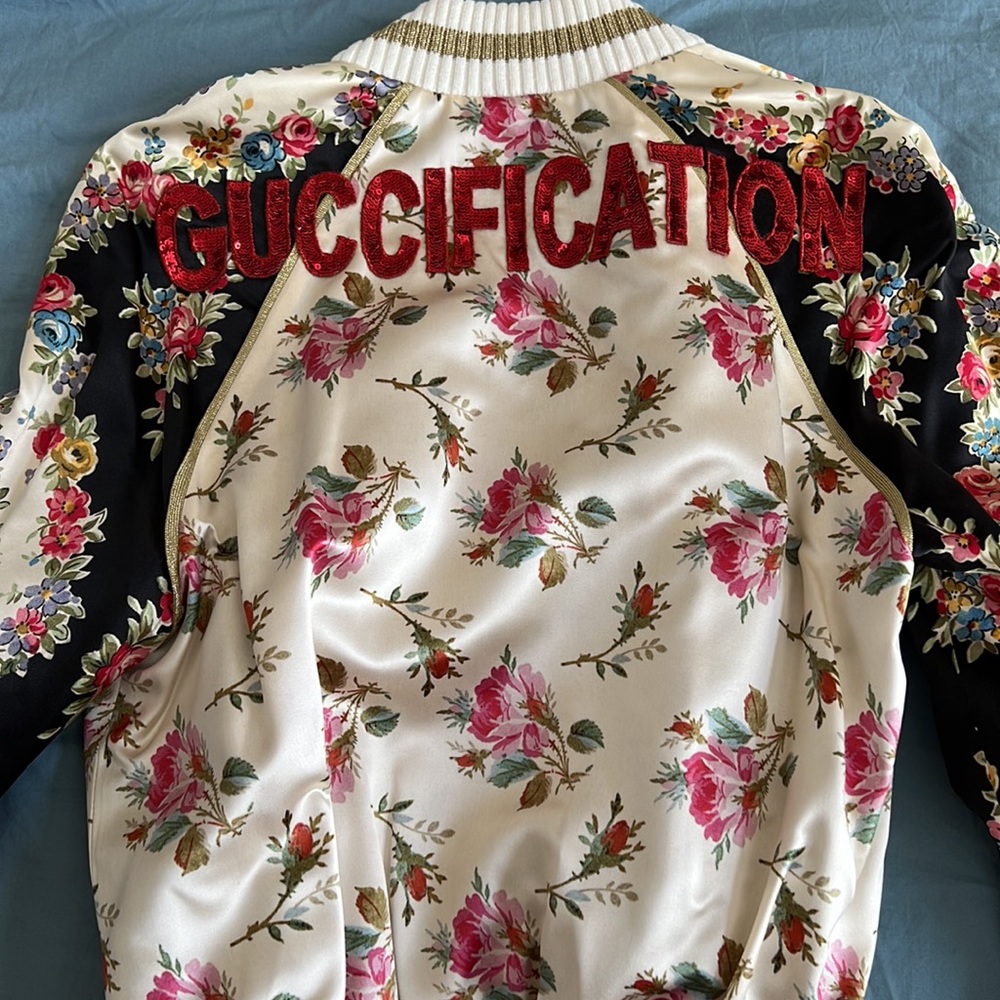 Gucci Rose-Print Bomber Jacket with Guccification Applique